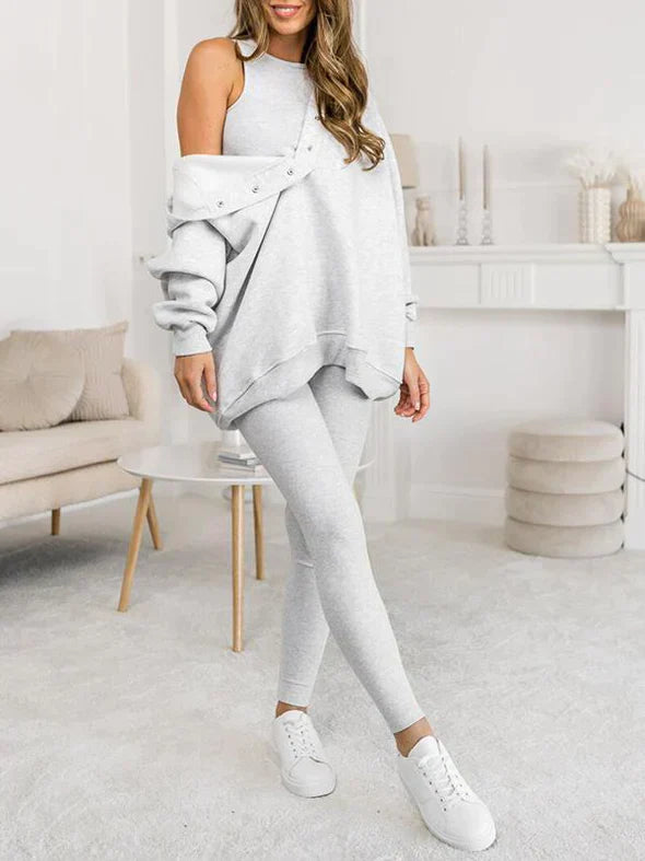 Rydelle | Dames 3-Delige Hoodie Set – Casual Hoodie met Knopen, Tanktop en Legging