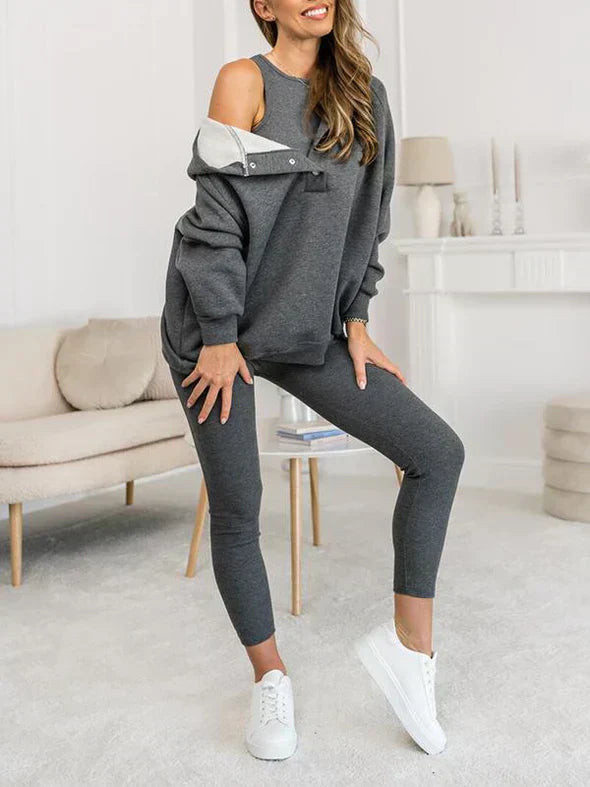 Rydelle | Dames 3-Delige Hoodie Set – Casual Hoodie met Knopen, Tanktop en Legging