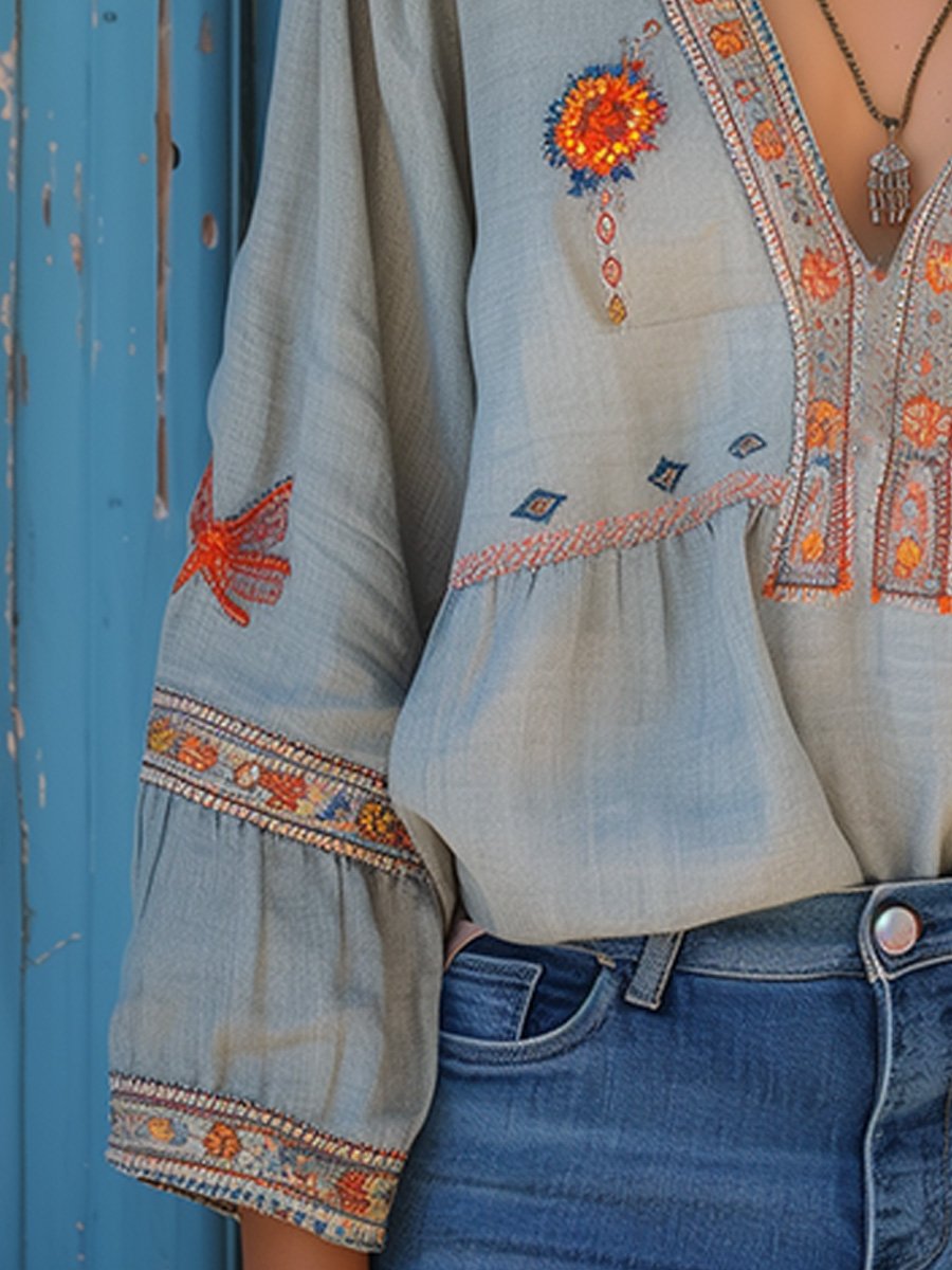 Elynea | Dames Boho V-hals Blouse – Geborduurde Details, Casual Zomertop