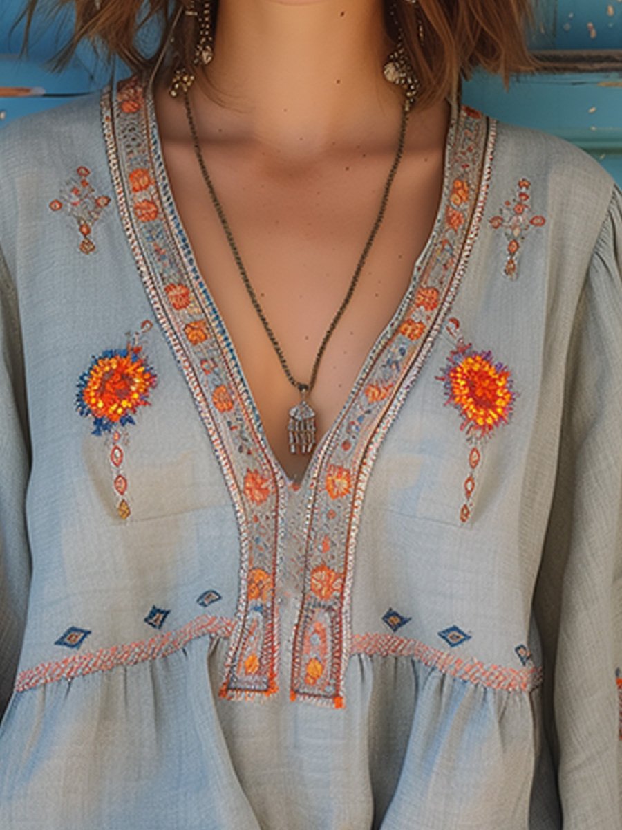 Elynea | Dames Boho V-hals Blouse – Geborduurde Details, Casual Zomertop