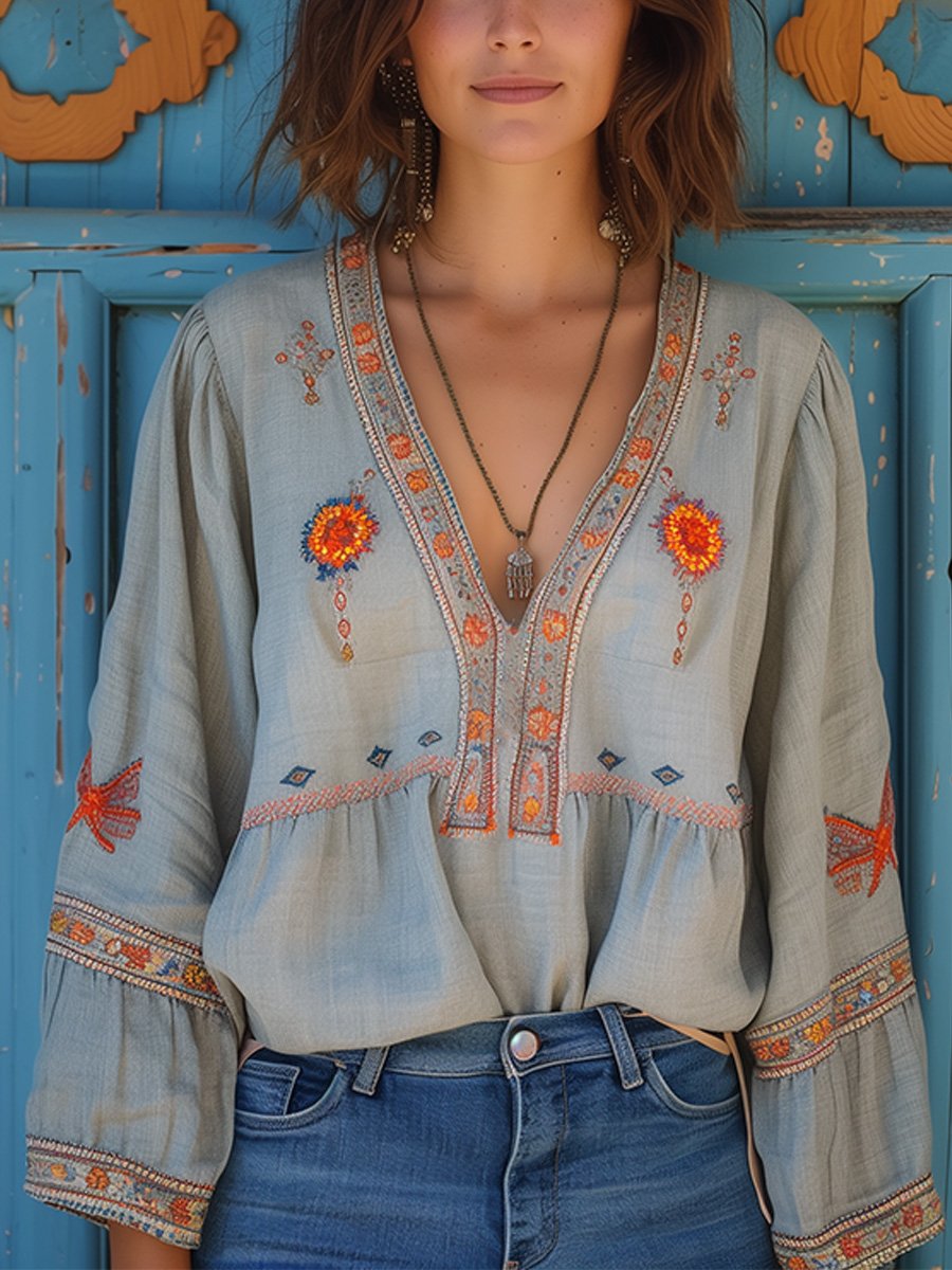 Elynea | Dames Boho V-hals Blouse – Geborduurde Details, Casual Zomertop