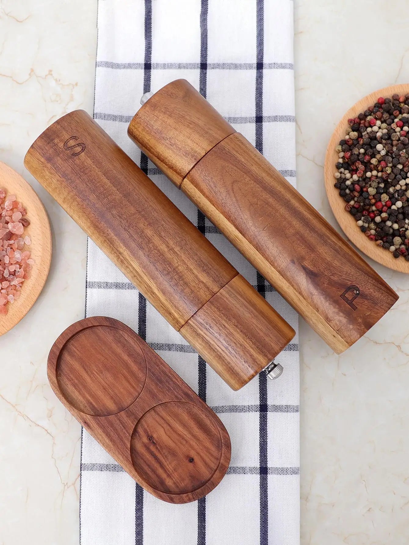 Craftis | Elegante houten peper- en zoutmolen met dienblad – Duurzame keukenmolen, stijlvolle kruidenorganizer voor op tafel
