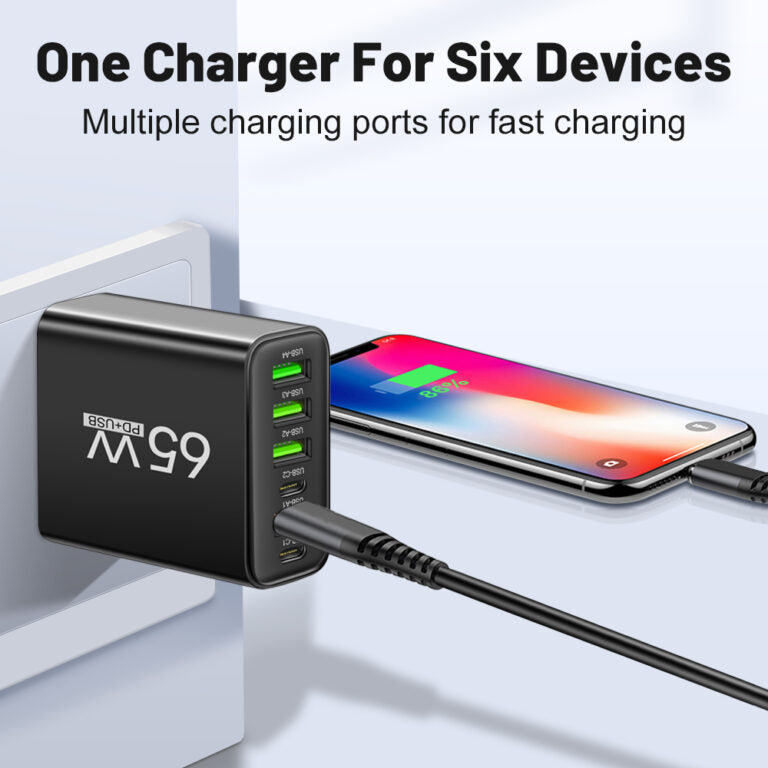 ChargeMax | Oplaadstation voor meerdere apparaten - 6-in-1 snelle oplader voor thuis en onderweg