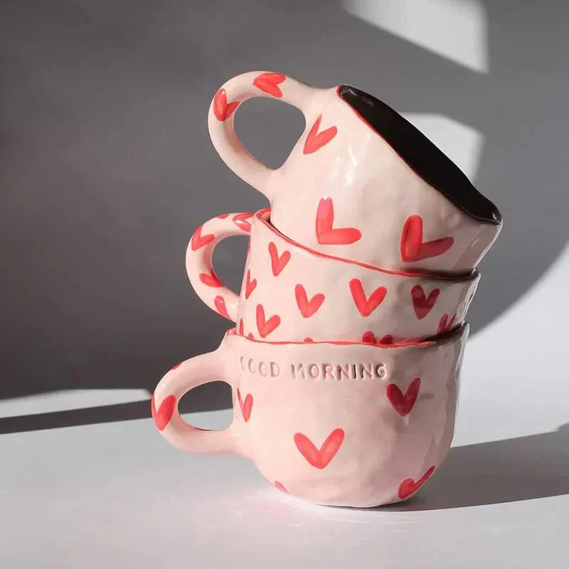LoveMug | Roze Keramische Koffiekop met Rode Harten, Schattige Hartmok