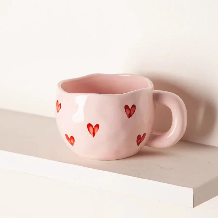 LoveMug | Roze Keramische Koffiekop met Rode Harten, Schattige Hartmok