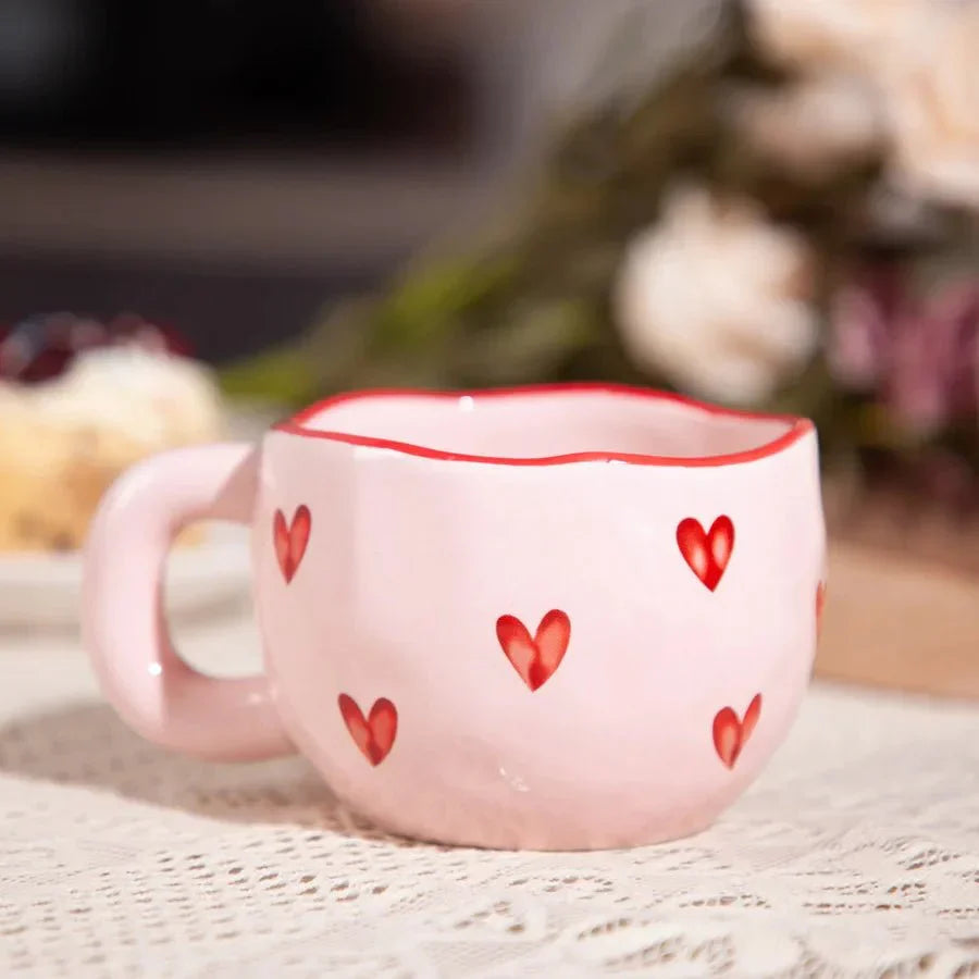 LoveMug | Roze Keramische Koffiekop met Rode Harten, Schattige Hartmok