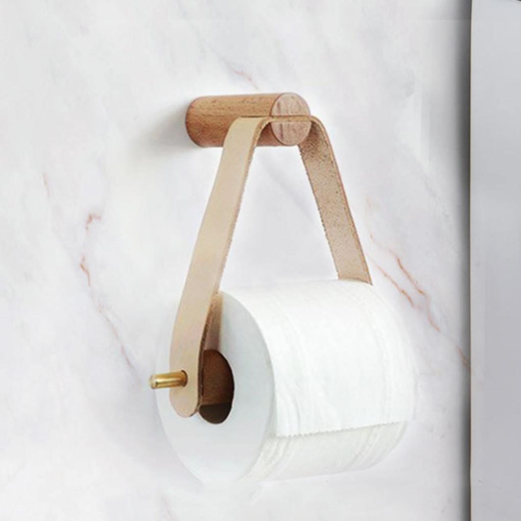 TimberRoll | Rustiek kunstleer en eiken toiletpapier houder - stijlvolle badkamer organizer