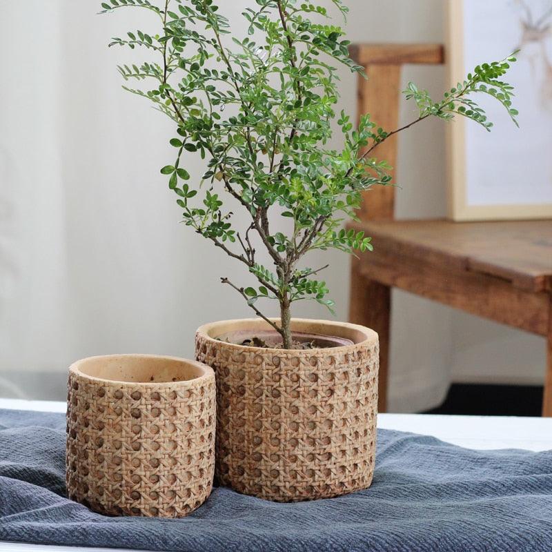 RattanJar | Natuurlijke rotan textuur cement plantenbak - Decoratieve pot voor binnen en buiten