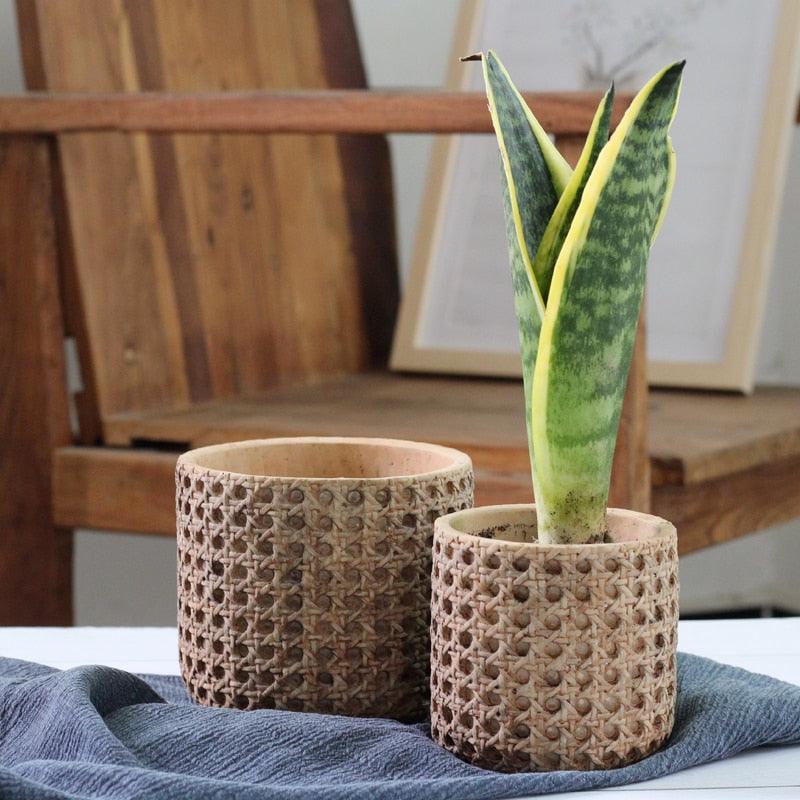 RattanJar | Natuurlijke rotan textuur cement plantenbak - Decoratieve pot voor binnen en buiten