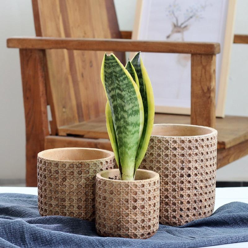 RattanJar | Natuurlijke rotan textuur cement plantenbak - Decoratieve pot voor binnen en buiten