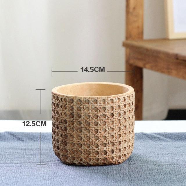 RattanJar | Natuurlijke rotan textuur cement plantenbak - Decoratieve pot voor binnen en buiten