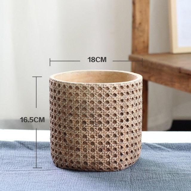 RattanJar | Natuurlijke rotan textuur cement plantenbak - Decoratieve pot voor binnen en buiten