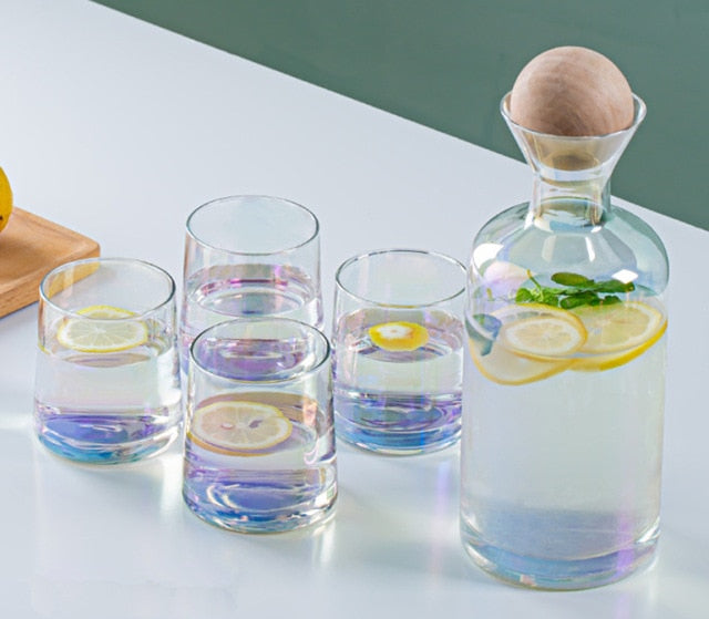 VividSip | Elegante glazen waterkan en 4 kopjes - moderne drankenset voor het serveren van thee, water, wijn en meer