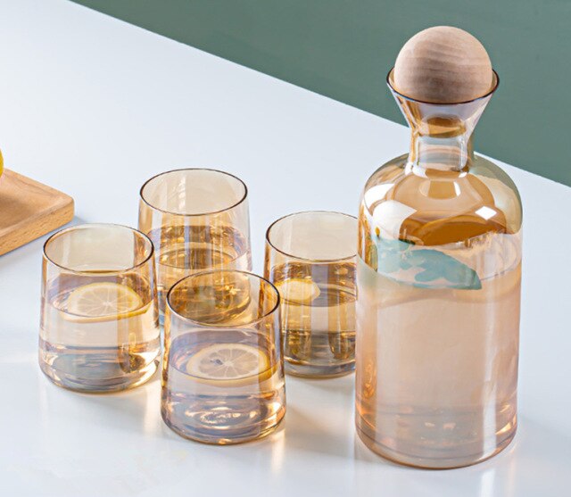 VividSip | Elegante glazen waterkan en 4 kopjes - moderne drankenset voor het serveren van thee, water, wijn en meer