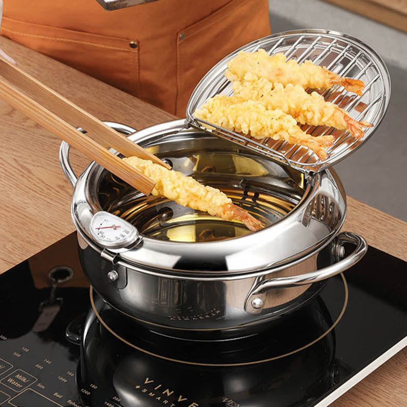 FryKitsu | Frituurpan met Thermometer - Roestvrijstalen Tempura Pan met Deksel, Olie Controle