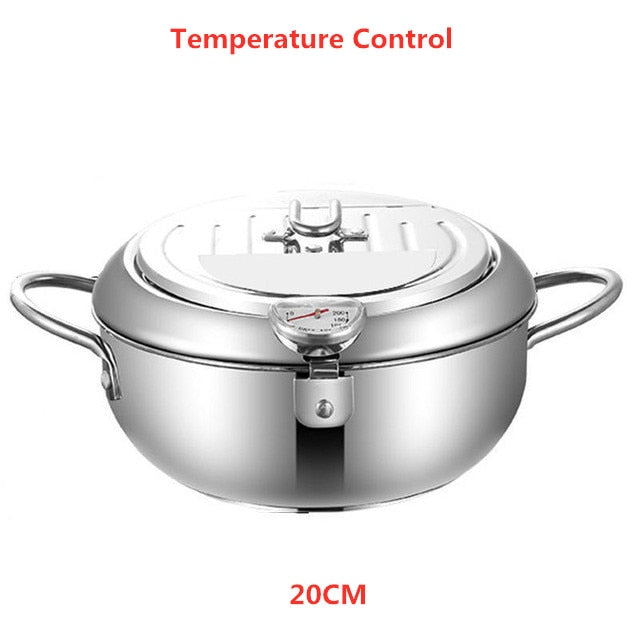 FryKitsu | Frituurpan met Thermometer - Roestvrijstalen Tempura Pan met Deksel, Olie Controle