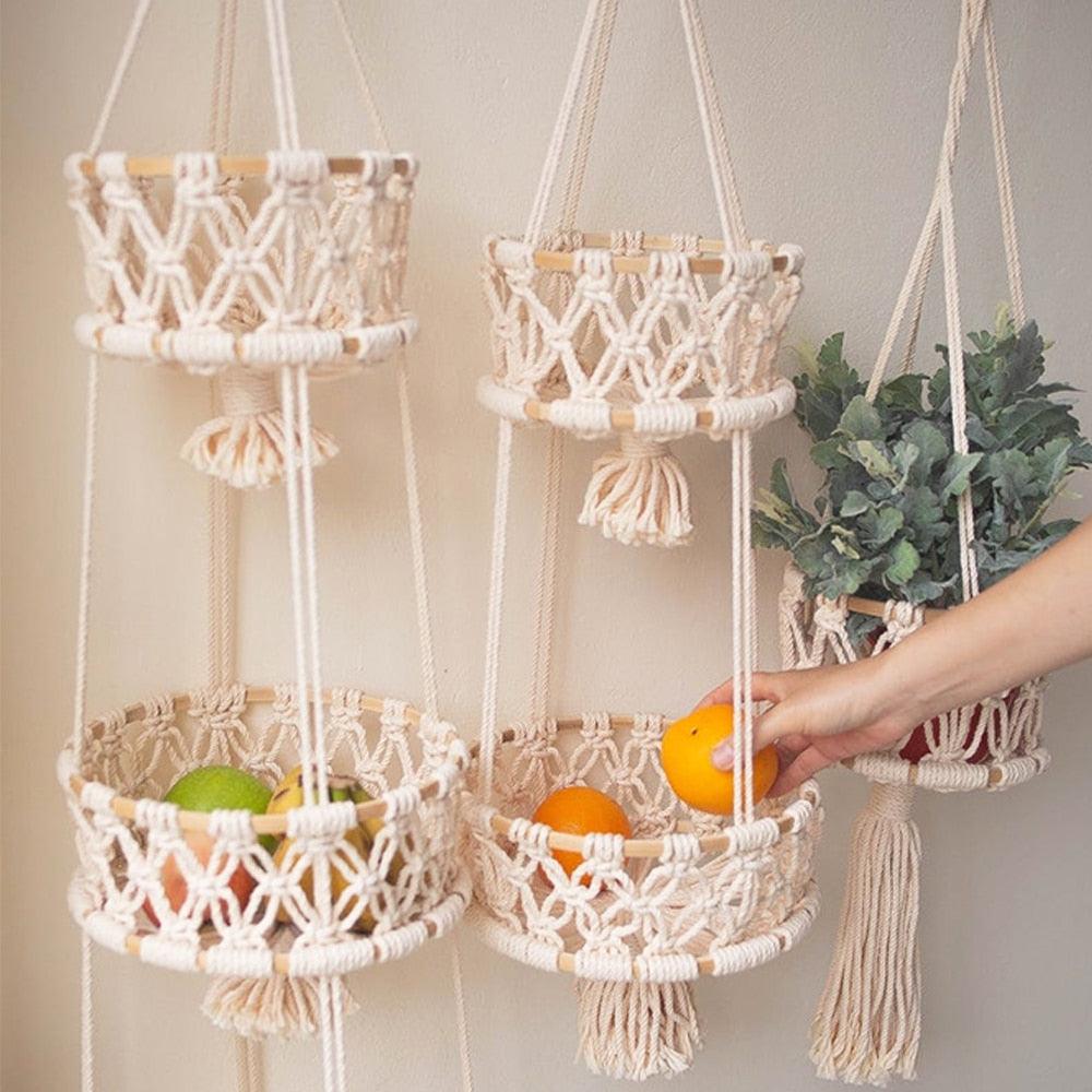StringStash | Gelaagde Macrame Hangmand - Stijlvolle Boho Muur Opbergmand voor Planten & Decoratie