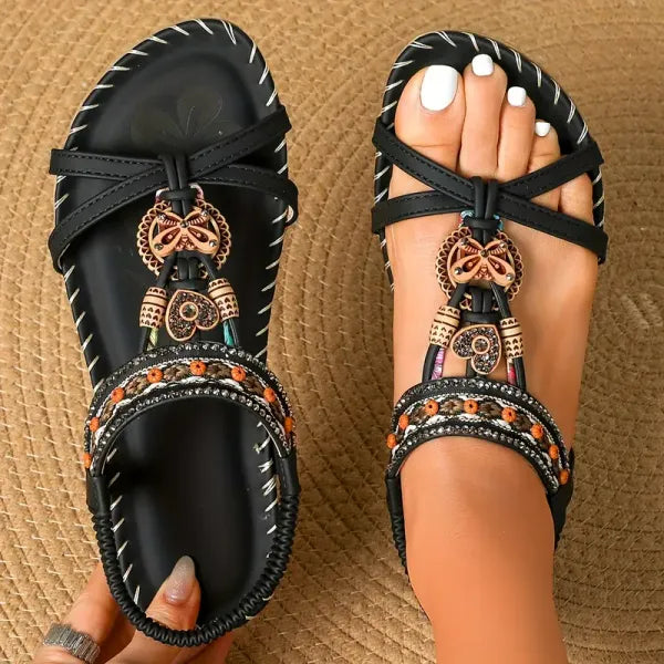 BohoStride | Dames Orthopedische Platte Sandalen – Stijlvolle Boho Leren Slip-On