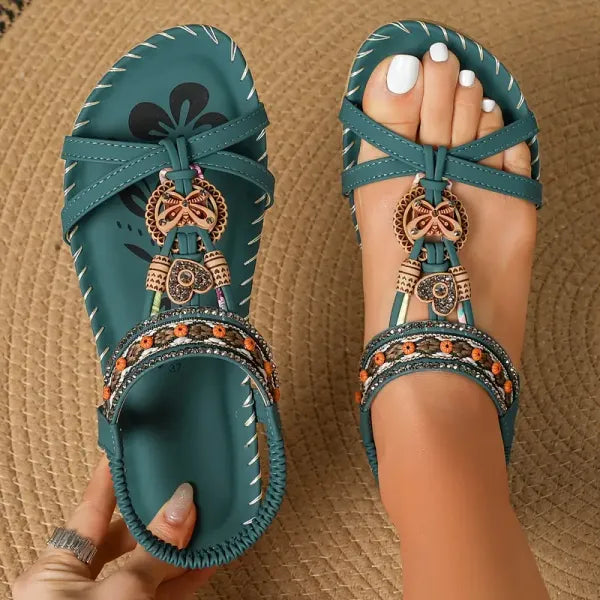 BohoStride | Dames Orthopedische Platte Sandalen – Stijlvolle Boho Leren Slip-On
