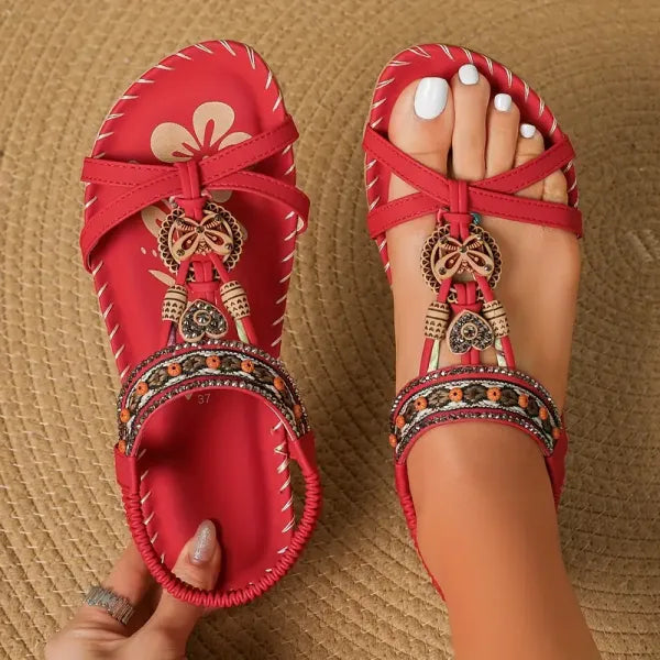 BohoStride | Dames Orthopedische Platte Sandalen – Stijlvolle Boho Leren Slip-On