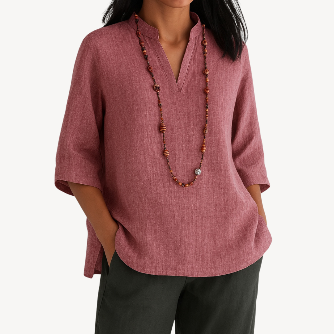 Elyne | Casual Linnen Blouse voor Dames – 3/4 Mouwen, V-hals, Losse Pasvorm, Lichtgewicht Top, Tuniekstijl