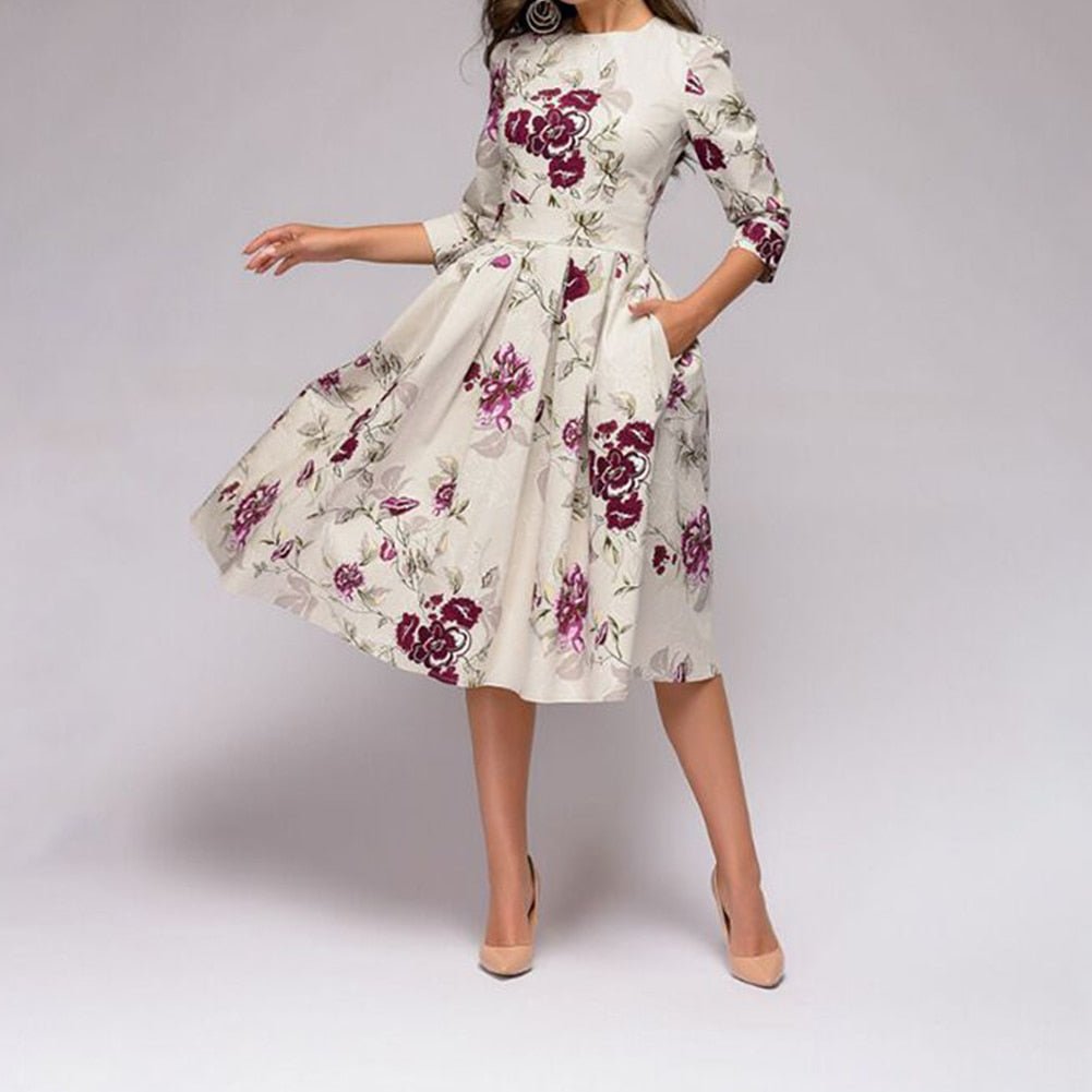 Meya | Midi-jurk met bloemenprint voor dames – Vintage, zwierige, elegante boho-zomerjurk