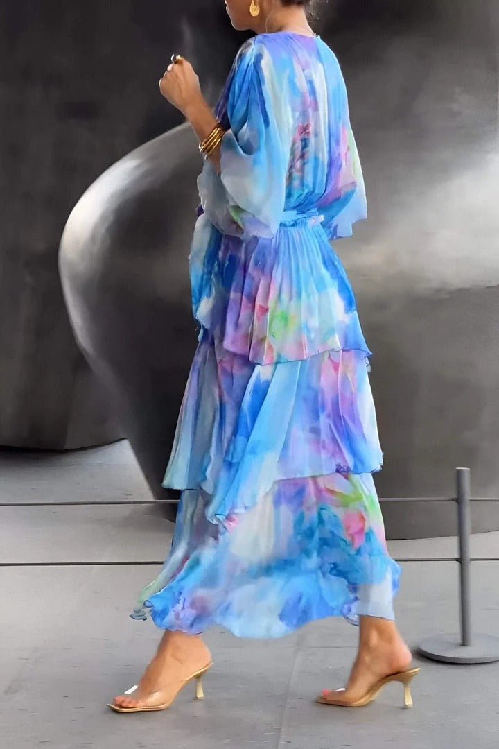 Gelia | Dames lange zomer chiffon jurk – meerkleurige vloeiende maxi jurk