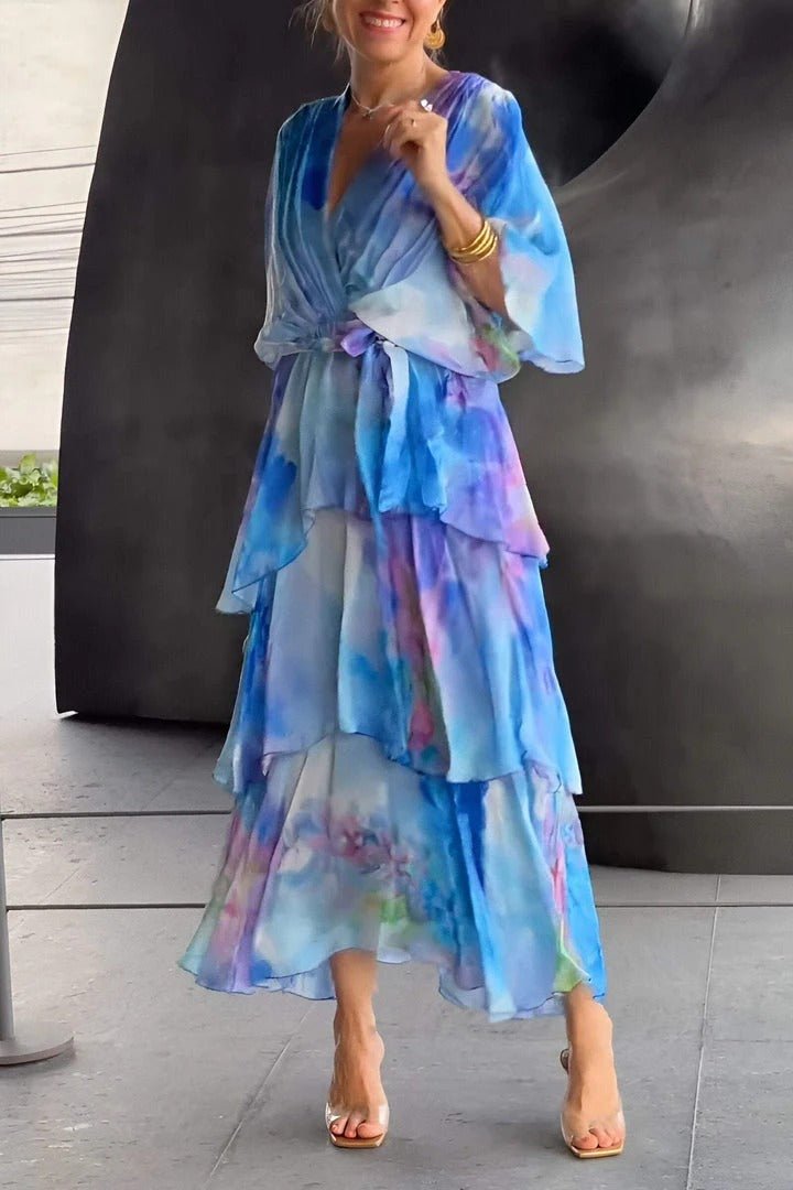 Gelia | Dames lange zomer chiffon jurk – meerkleurige vloeiende maxi jurk