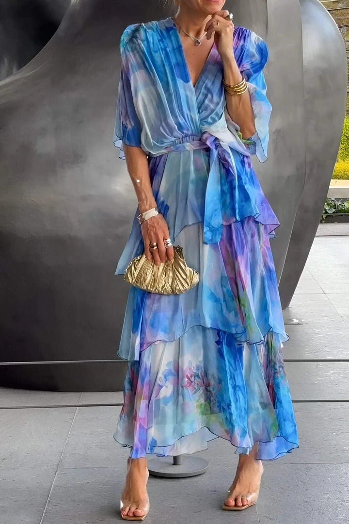 Gelia | Dames lange zomer chiffon jurk – meerkleurige vloeiende maxi jurk
