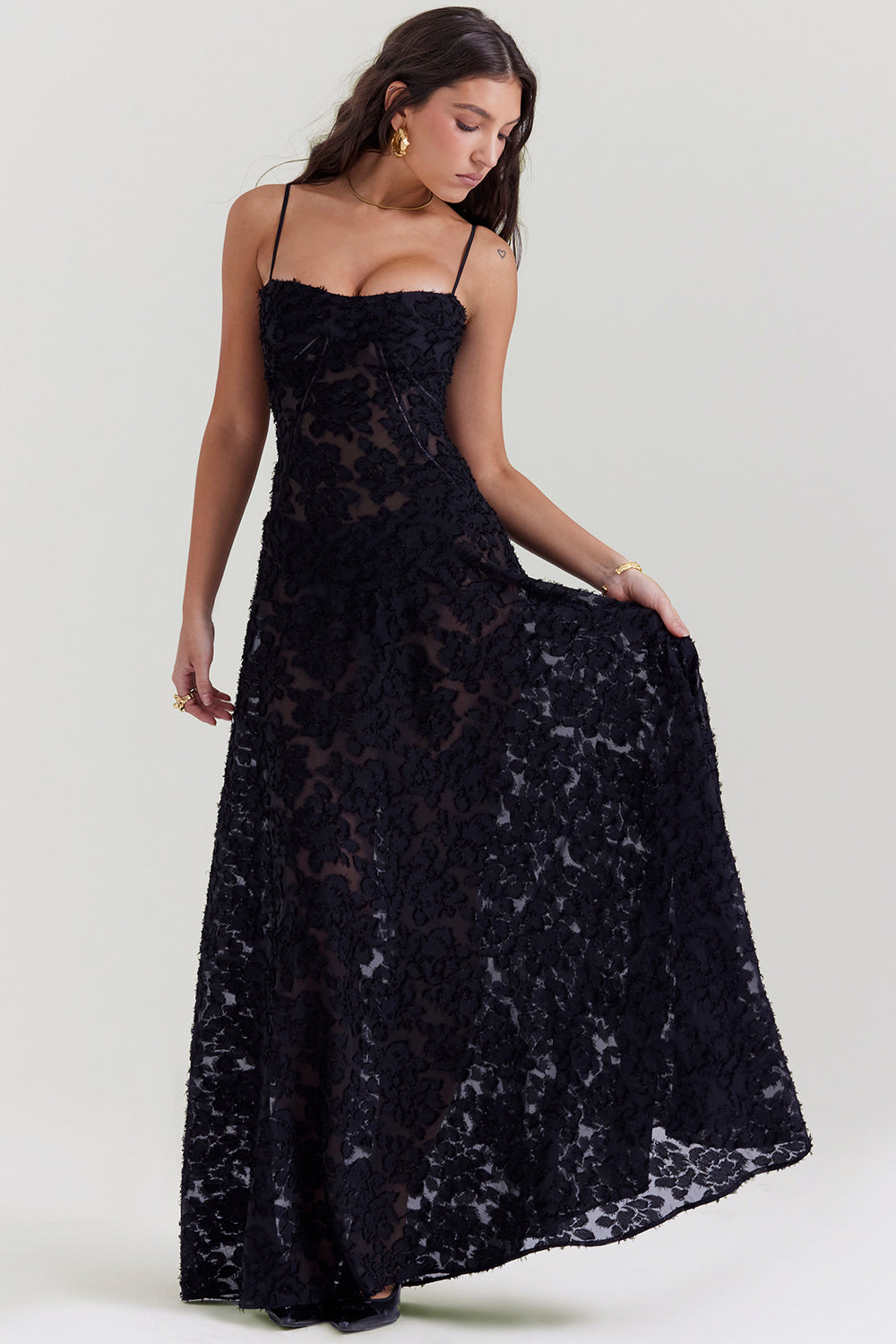 Elurea | Elegante maxi-jurk voor dames – Romantische, doorschijnende jurk met bloemenprint