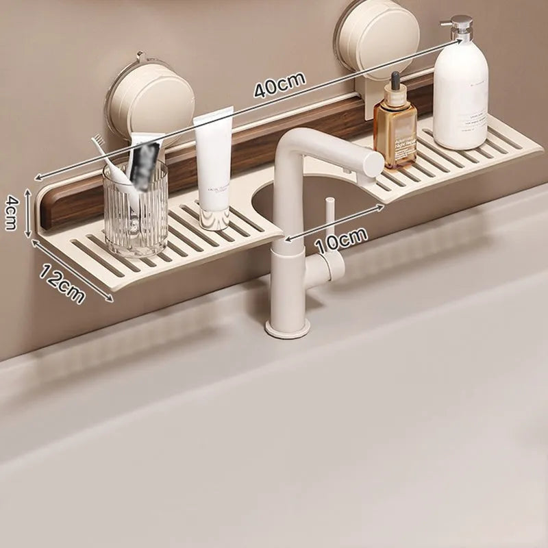 ZenShelf | Badkamerplank met zuignappen – Walnootontwerp, ruimtebesparende wastafelorganizer