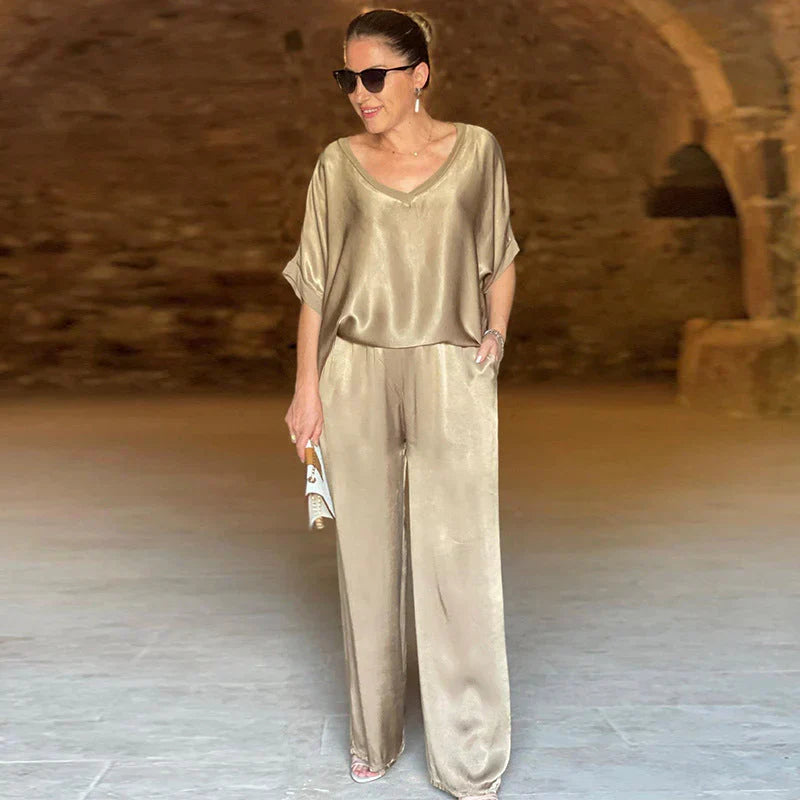 Kexella | Satijnen Tweedelige Set – V-Hals Top & Losvallende Broek, Elegante Satijnen Loungewear