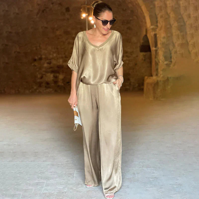 Kexella | Satijnen Tweedelige Set – V-Hals Top & Losvallende Broek, Elegante Satijnen Loungewear