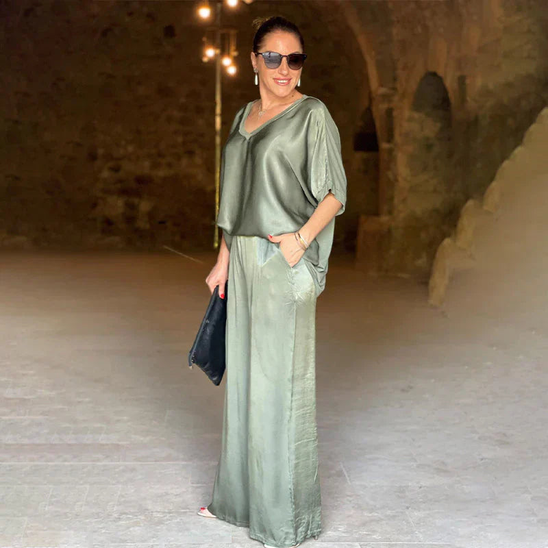 Kexella | Satijnen Tweedelige Set – V-Hals Top & Losvallende Broek, Elegante Satijnen Loungewear