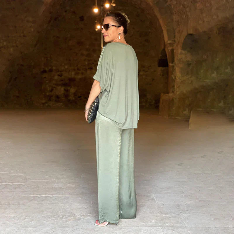 Kexella | Satijnen Tweedelige Set – V-Hals Top & Losvallende Broek, Elegante Satijnen Loungewear