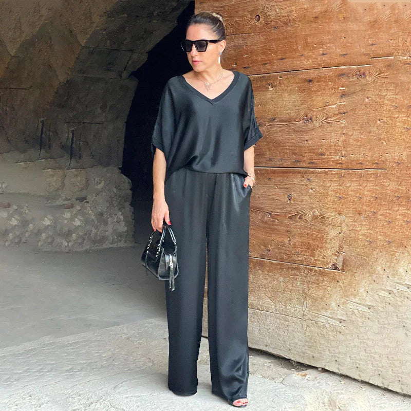 Kexella | Satijnen Tweedelige Set – V-Hals Top & Losvallende Broek, Elegante Satijnen Loungewear