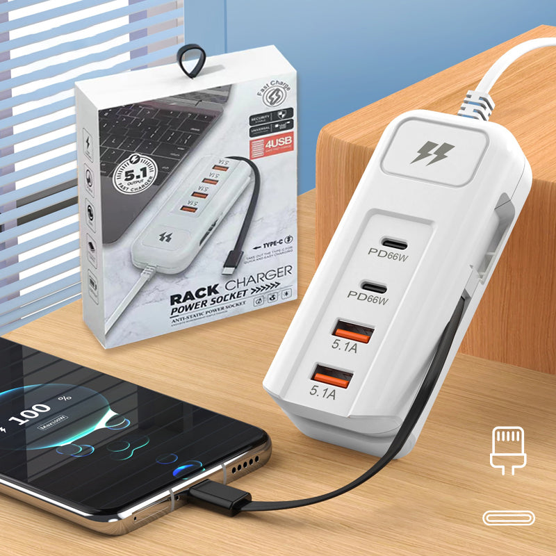 ElectraHub | 66 W multifunctionele snellader 2PD + 2USB met ingebouwde Type-C-kabel – Snel opladen