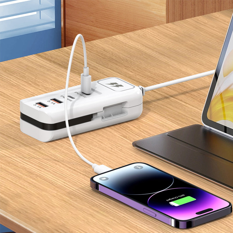 ElectraHub | 66 W multifunctionele snellader 2PD + 2USB met ingebouwde Type-C-kabel – Snel opladen