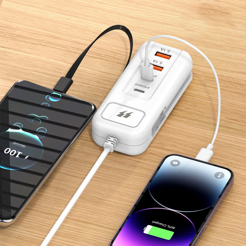 ElectraHub | 66 W multifunctionele snellader 2PD + 2USB met ingebouwde Type-C-kabel – Snel opladen