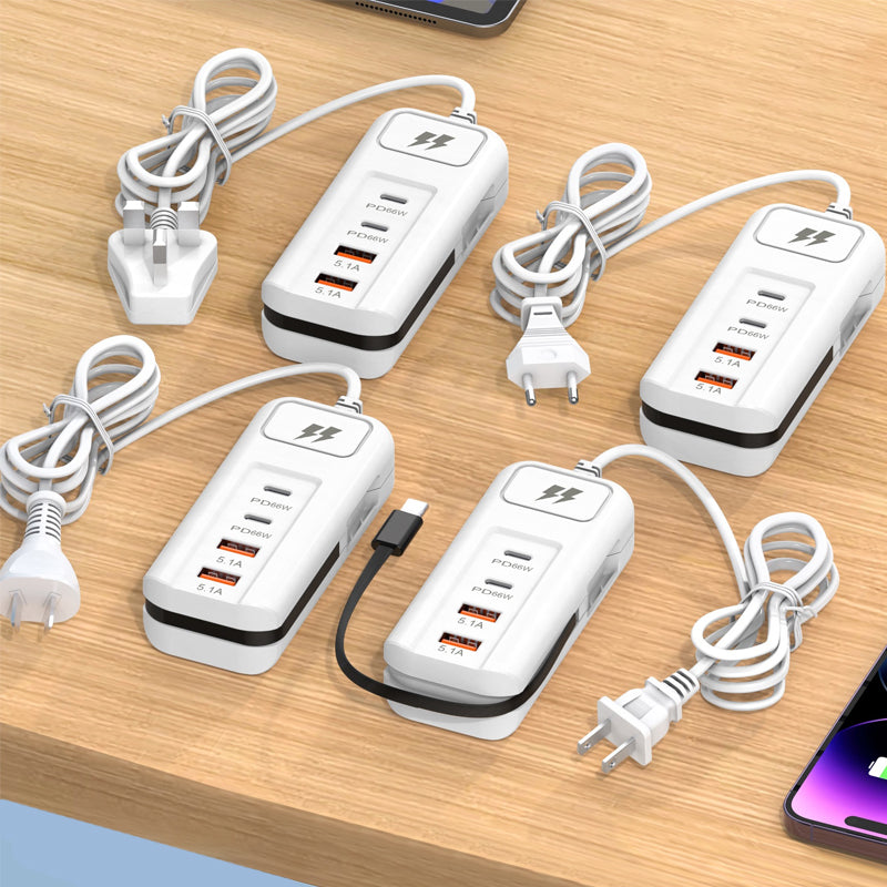 ElectraHub | 66 W multifunctionele snellader 2PD + 2USB met ingebouwde Type-C-kabel – Snel opladen