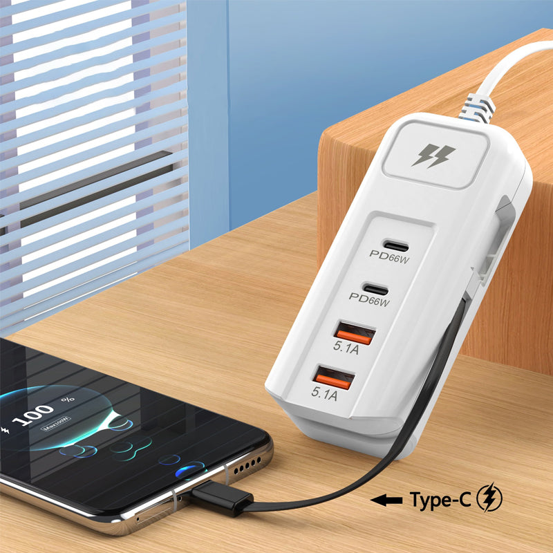 ElectraHub | 66 W multifunctionele snellader 2PD + 2USB met ingebouwde Type-C-kabel – Snel opladen