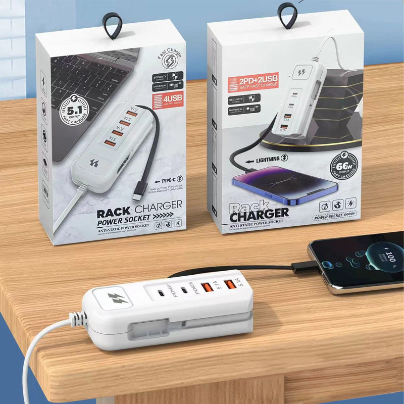 ElectraHub | 66 W multifunctionele snellader 2PD + 2USB met ingebouwde Type-C-kabel – Snel opladen