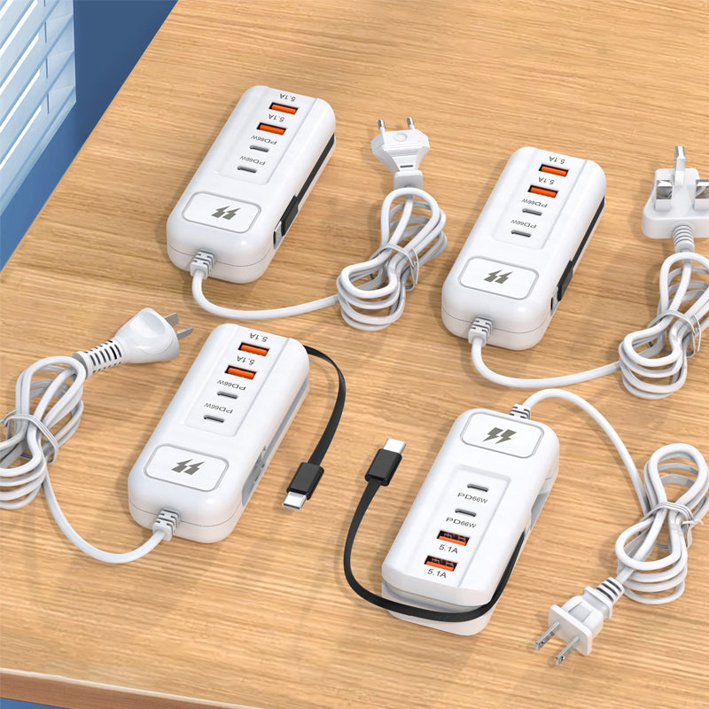 ElectraHub | 66 W multifunctionele snellader 2PD + 2USB met ingebouwde Type-C-kabel – Snel opladen