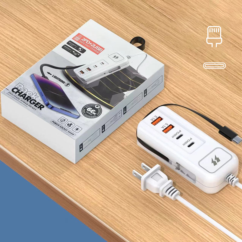 ElectraHub | 66 W multifunctionele snellader 2PD + 2USB met ingebouwde Type-C-kabel – Snel opladen
