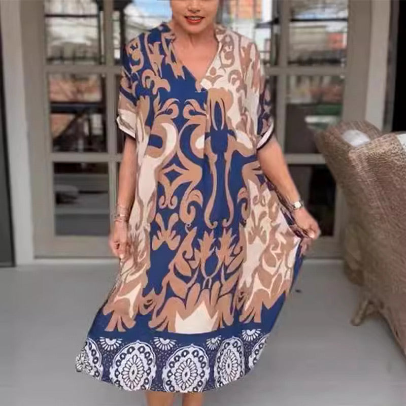Wenia | Boho-jurk met soepele pasvorm voor dames – Casual midi-jurk die de buik bedekt