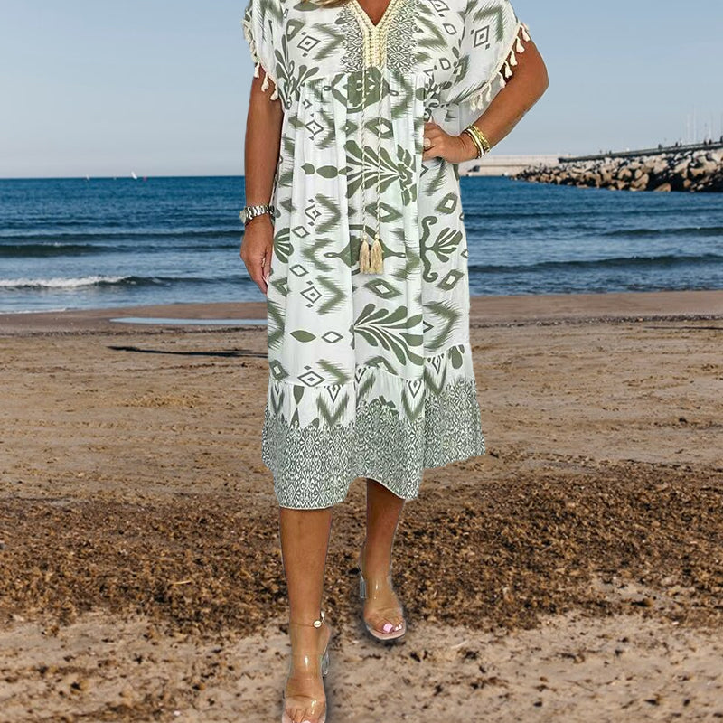 Lyla | Casual jurk met print voor dames – Zomerse midi-jurk met V-hals en franjes aan de mouwen