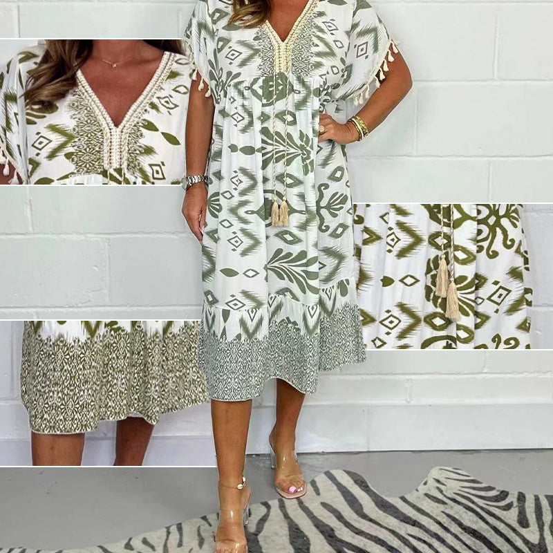 Lyla | Casual jurk met print voor dames – Zomerse midi-jurk met V-hals en franjes aan de mouwen