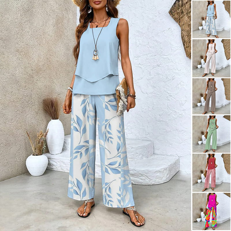 Zevarina | Dames 2-Delige Casual Set – Mouwloze Top & Bedrukte Broeken Matching Set