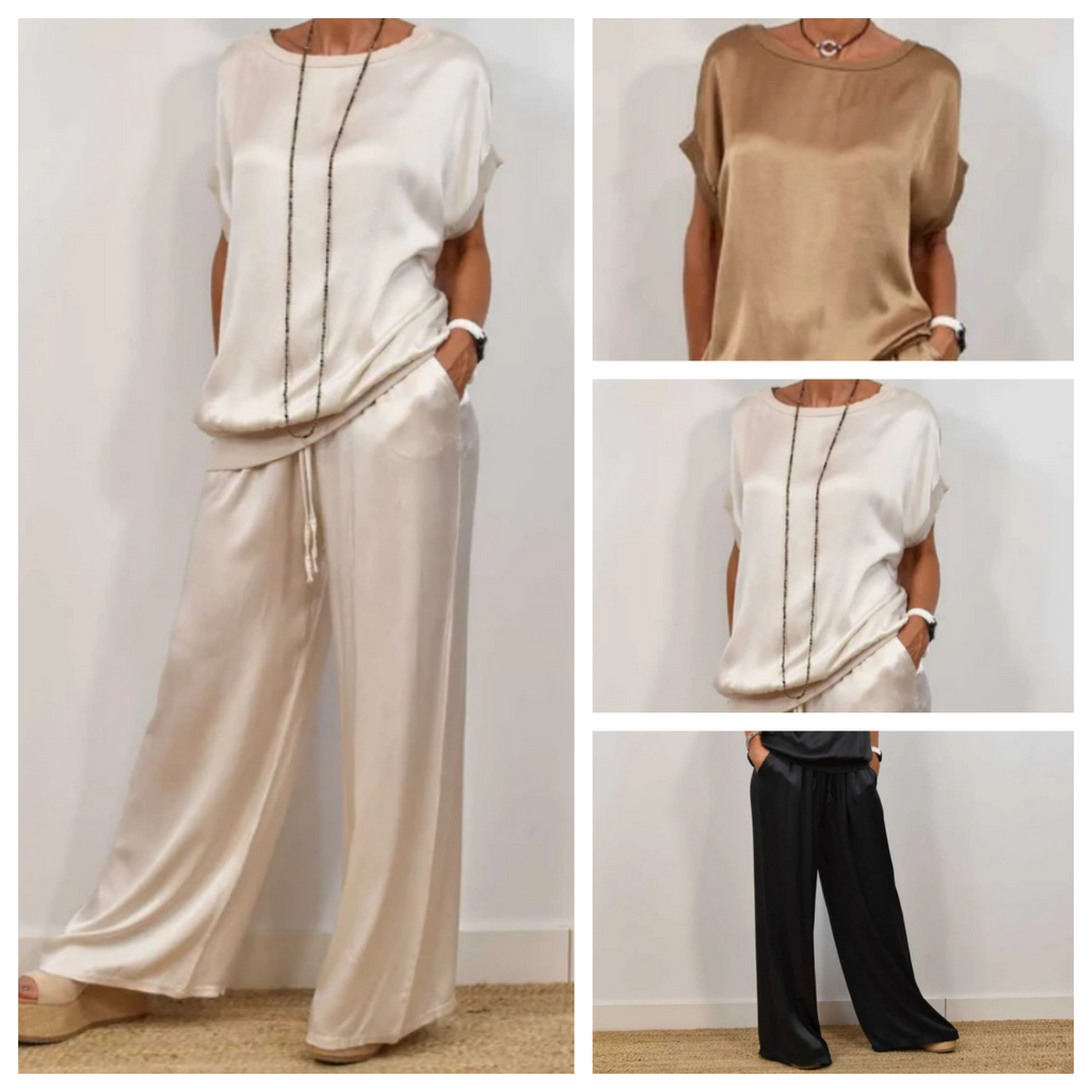 Sybilla | Satijnen tweedelige set – top & brede broek, casual elegante lounge- en zomeroutfit