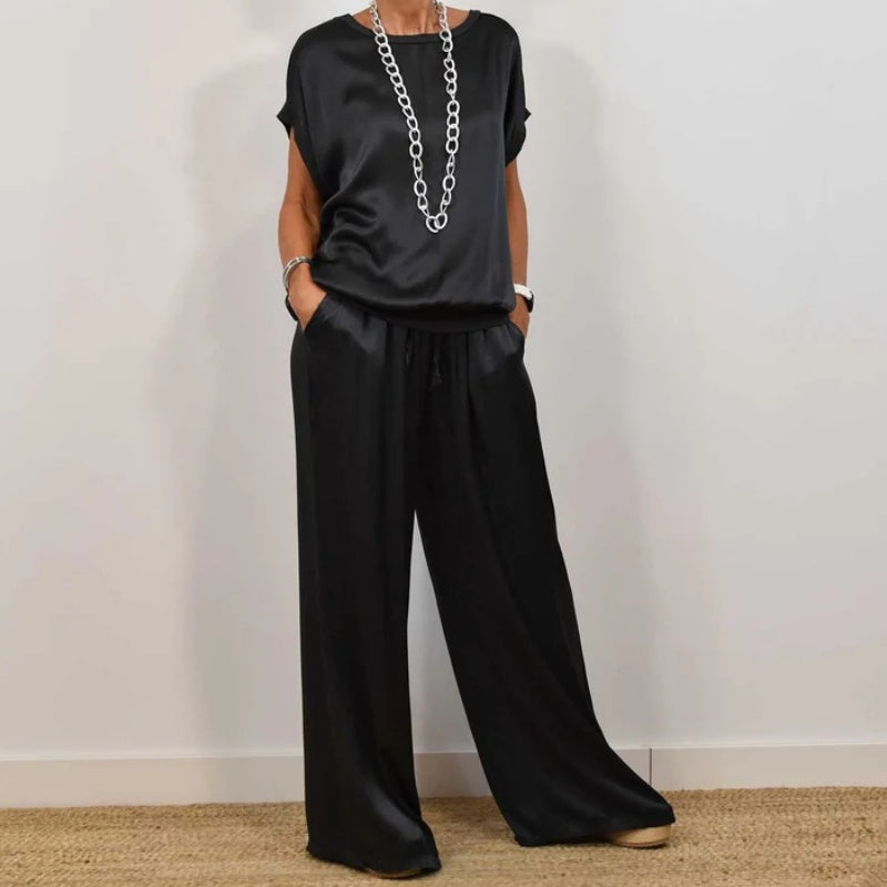 Sybilla | Satijnen tweedelige set – top & brede broek, casual elegante lounge- en zomeroutfit
